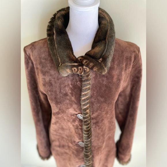 LNR for NORDSTROM SUEDE BUTTON FRONT LEATHER LINED JACKET w FAUX FUR TRIM, SZ PL - Picture 3 of 17